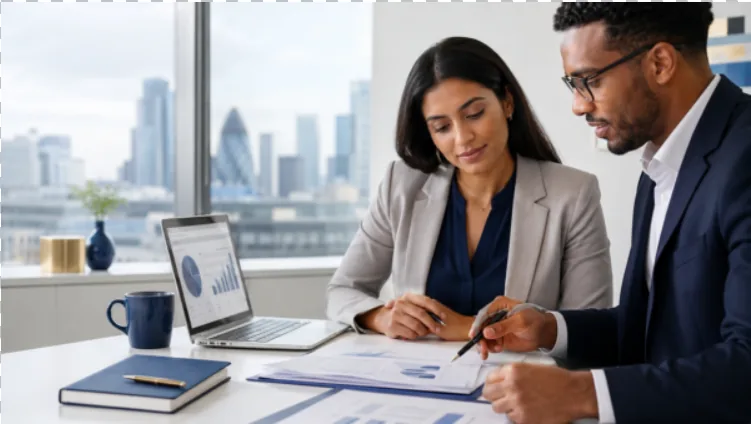 Accountants in East London reviewing financial reports for a London business