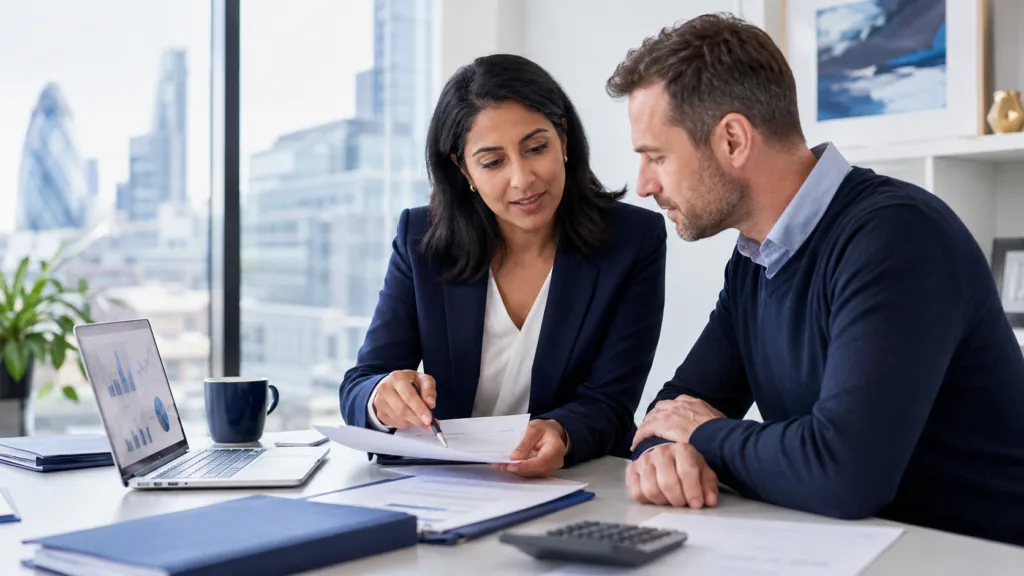 Accountant discussing tax planning and financial documents with a client in London